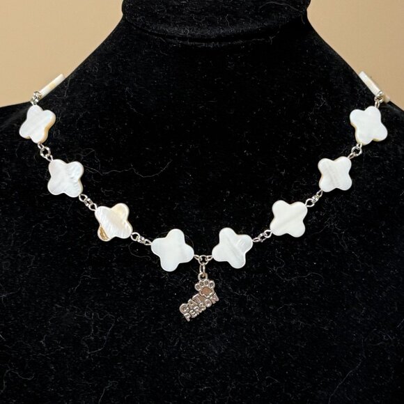 White Mother of Pearl Clover Beaded Short Necklace +Cat Person Paw Print Pendant - Picture 3 of 13